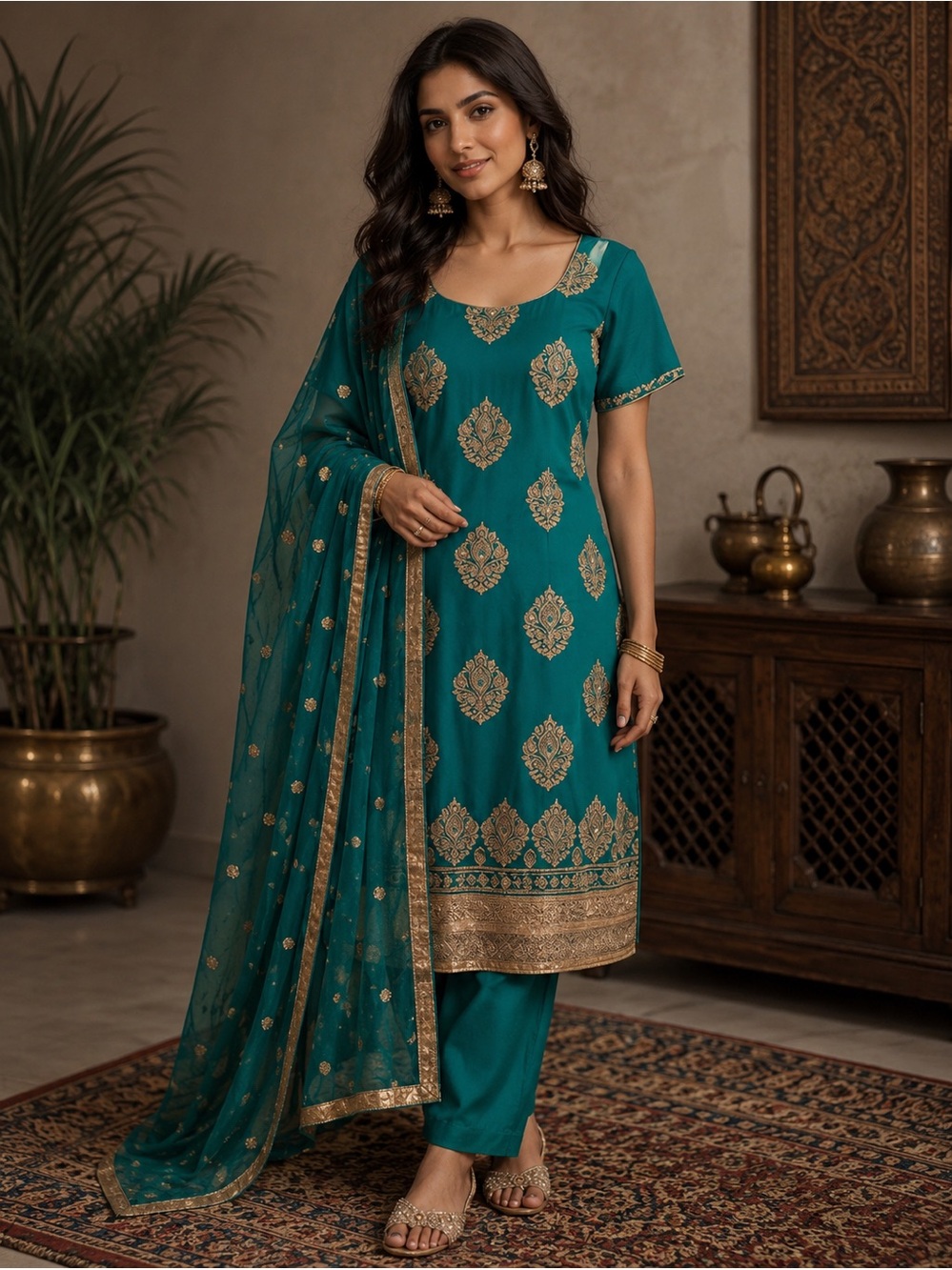 One of a kind Elegant Teal and Gold Embroidered Saree tunic with matching Scarf
